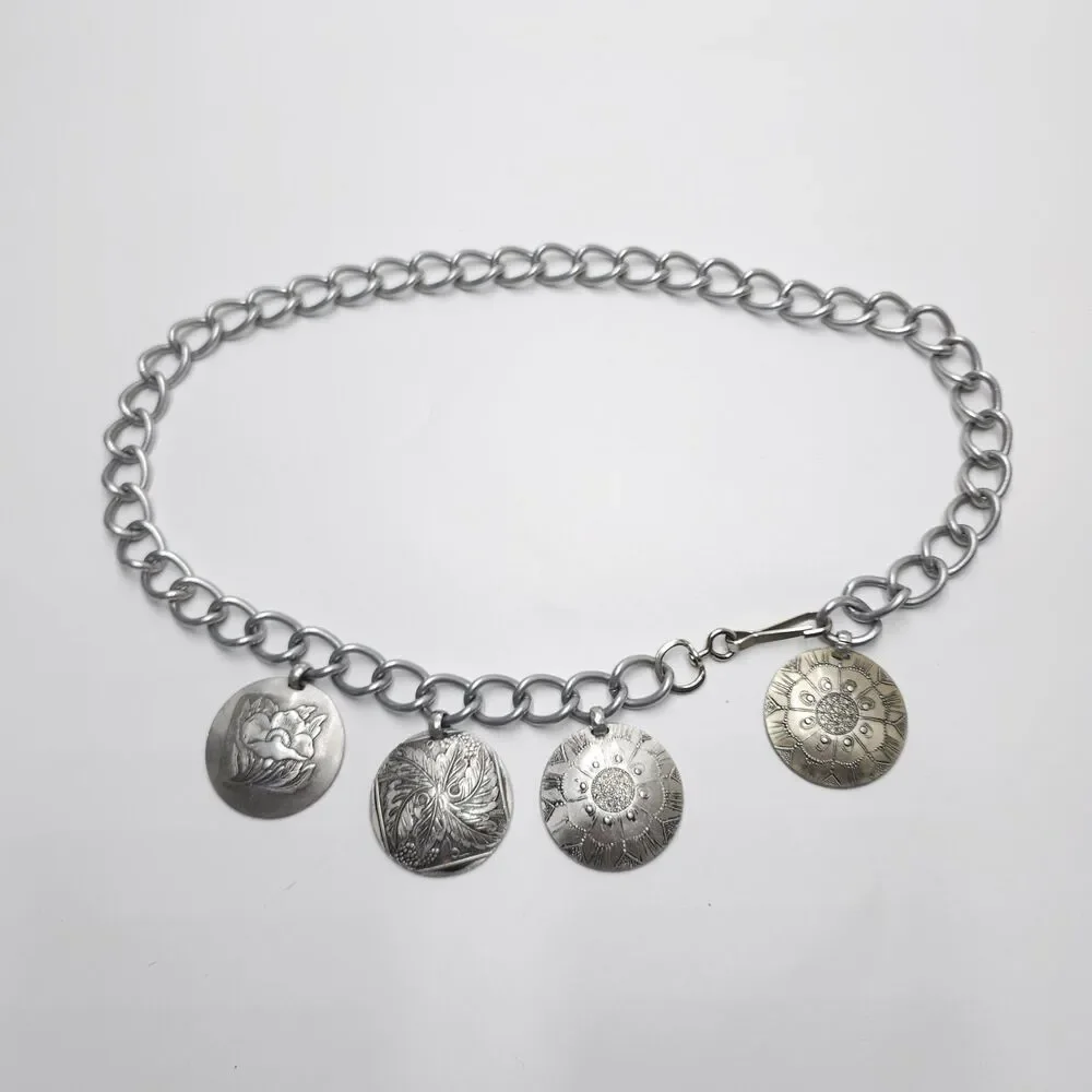 Vintage Aluminum Chain Belt Floral Medallion Fully Adjustable Up To 33